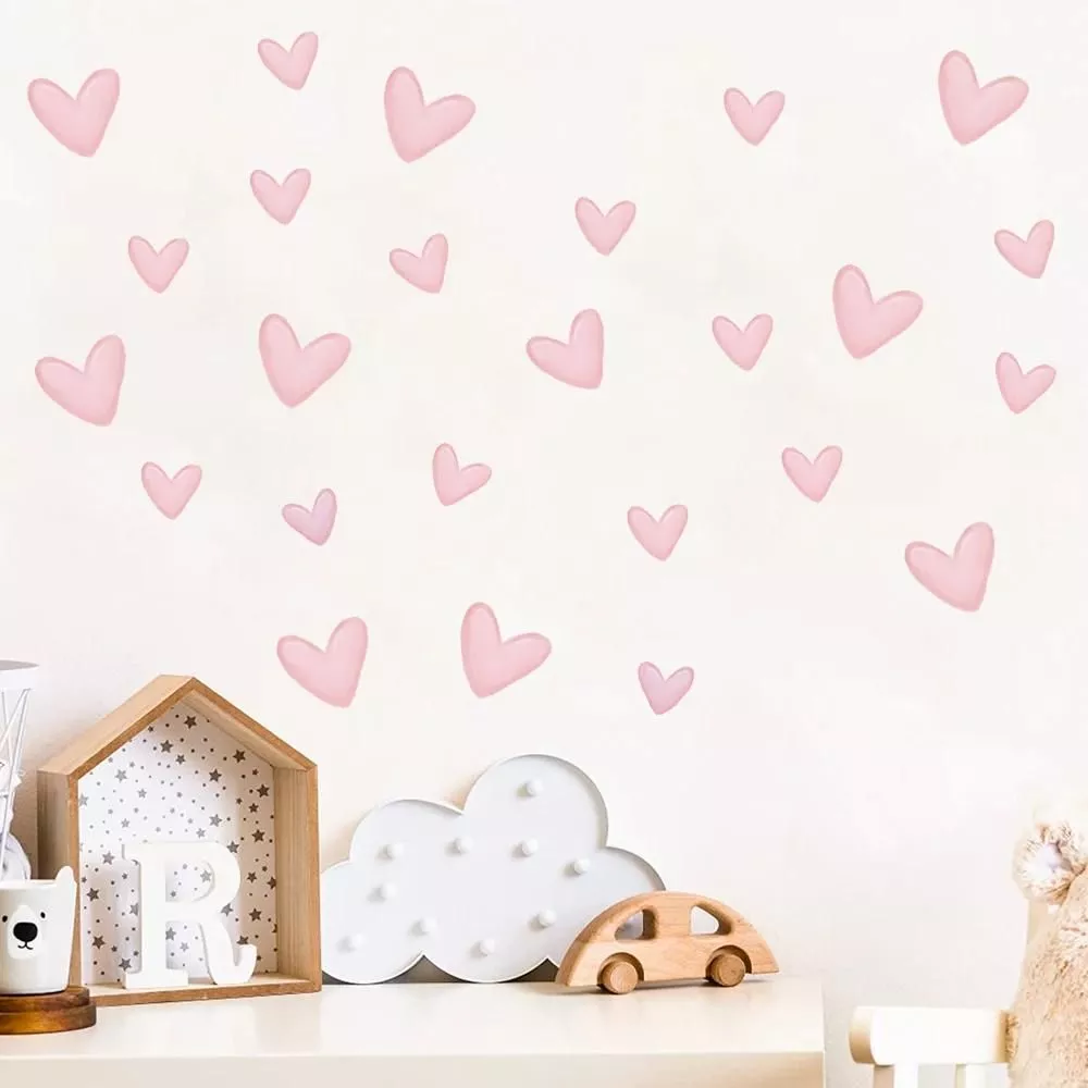 60pcs=6 Sheets Pink Heart Wall Stickers Big Small Hearts Art Wall Decals for Children Baby Girls Room Nursery Wallpapers Decor